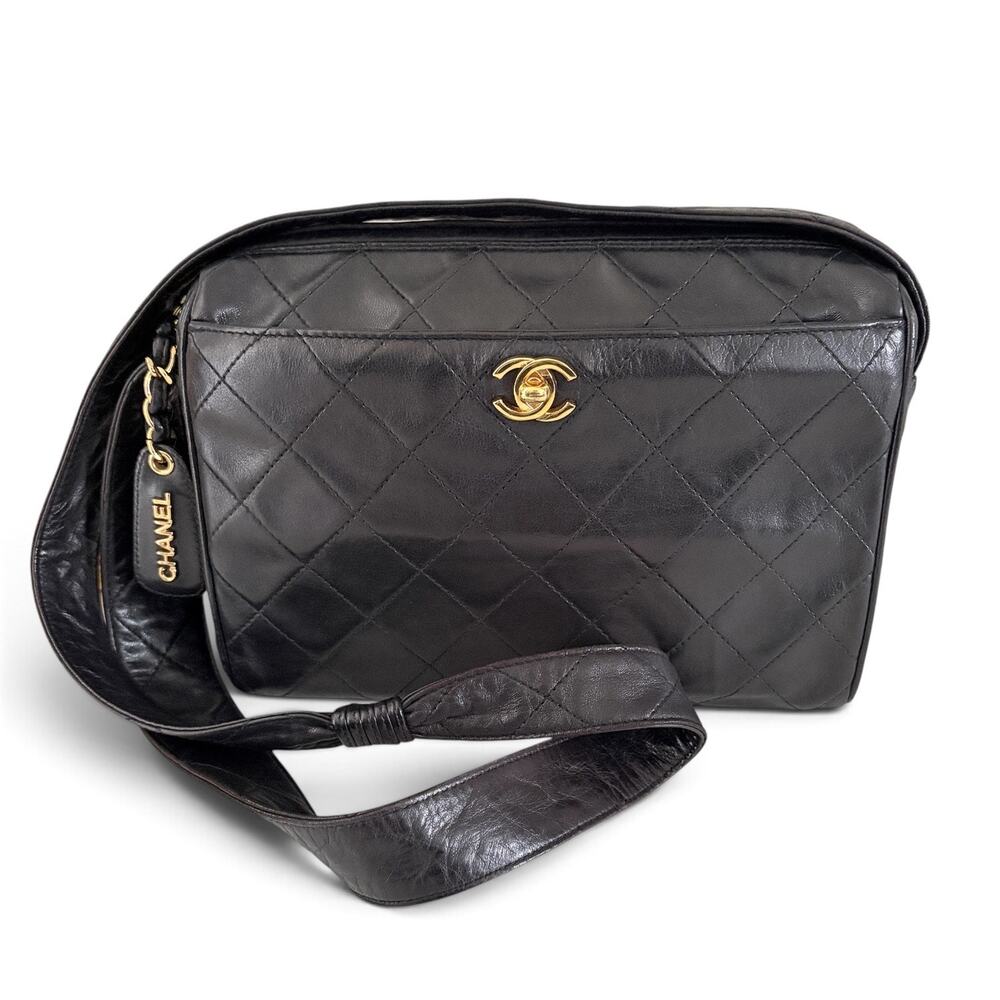 Chanel Vintage Camera Bag Black Quilted Lambskin 24K Gold Plated HW+ Entrupy COA